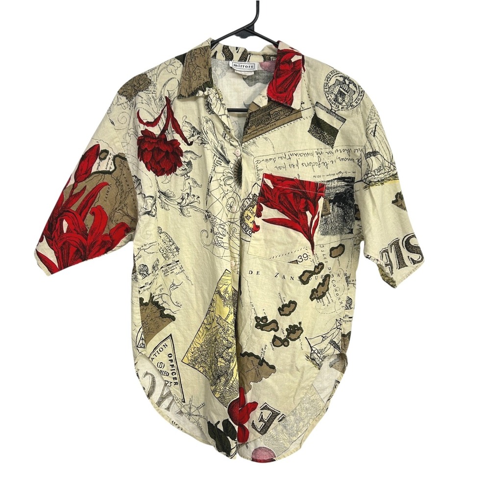 Art To Wear Map Print Floral Camp Shirt Medium Coastal Resort Boho Travel